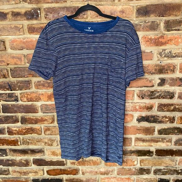 American Eagle Indigo Blue Striped Short Sleeve Classic Fit T-Shirt Men's Large - Picture 1 of 5